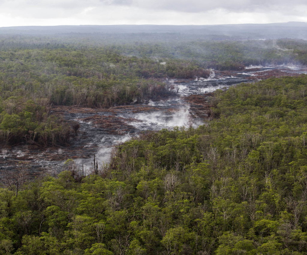 The lava flow path from Mt. Kilauea inches closer to the village of Pahoa, Hawaii